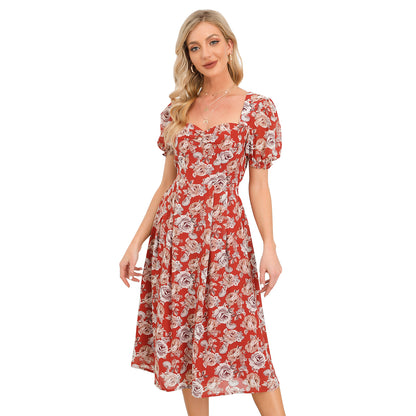 EXLURA Women’s V Neck Dress Short Puff Sleeve High Waist A-Line Backless Tie Back Floral Vintage Midi Dress