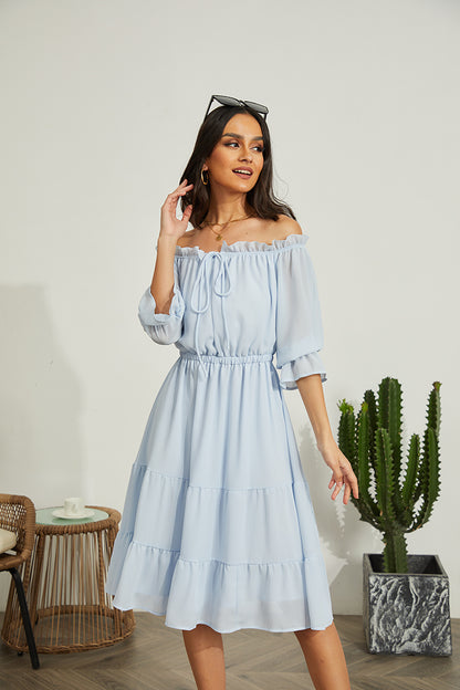 EXLURA Women’s Off Shoulder Long Dress Puff 3/4 Sleeve Tiered Tie Front Frill Hem Flowy Midi Dress Sundress