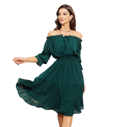 EXLURA Women’s Off Shoulder Long Dress Puff 3/4 Sleeve Tiered Tie Front Frill Hem Flowy Midi Dress Sundress