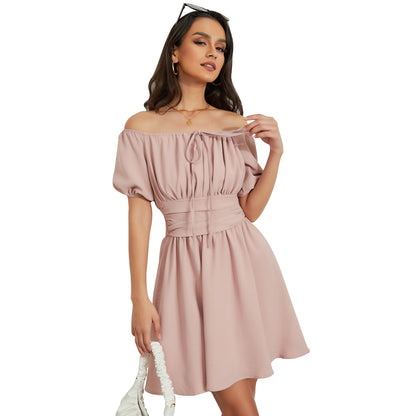 Exlura Women’s Off Shoulder Elegant Short Dress Ruched Drawstring Smocked Short Puff Sleeve High Waist Mini Dress