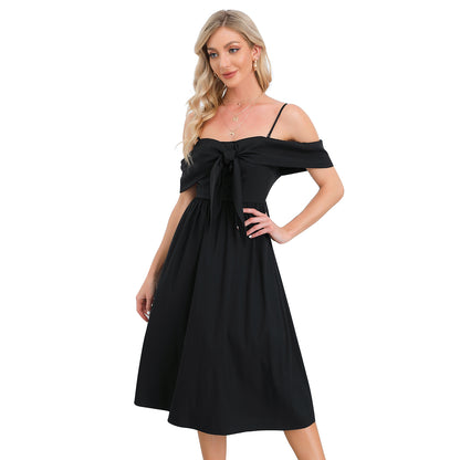 Exlura Women’s Off Shoulder Ruffle Long Dress Tie Knot Sleeveless Strappy Smocked A-Line Backless Midi Dress