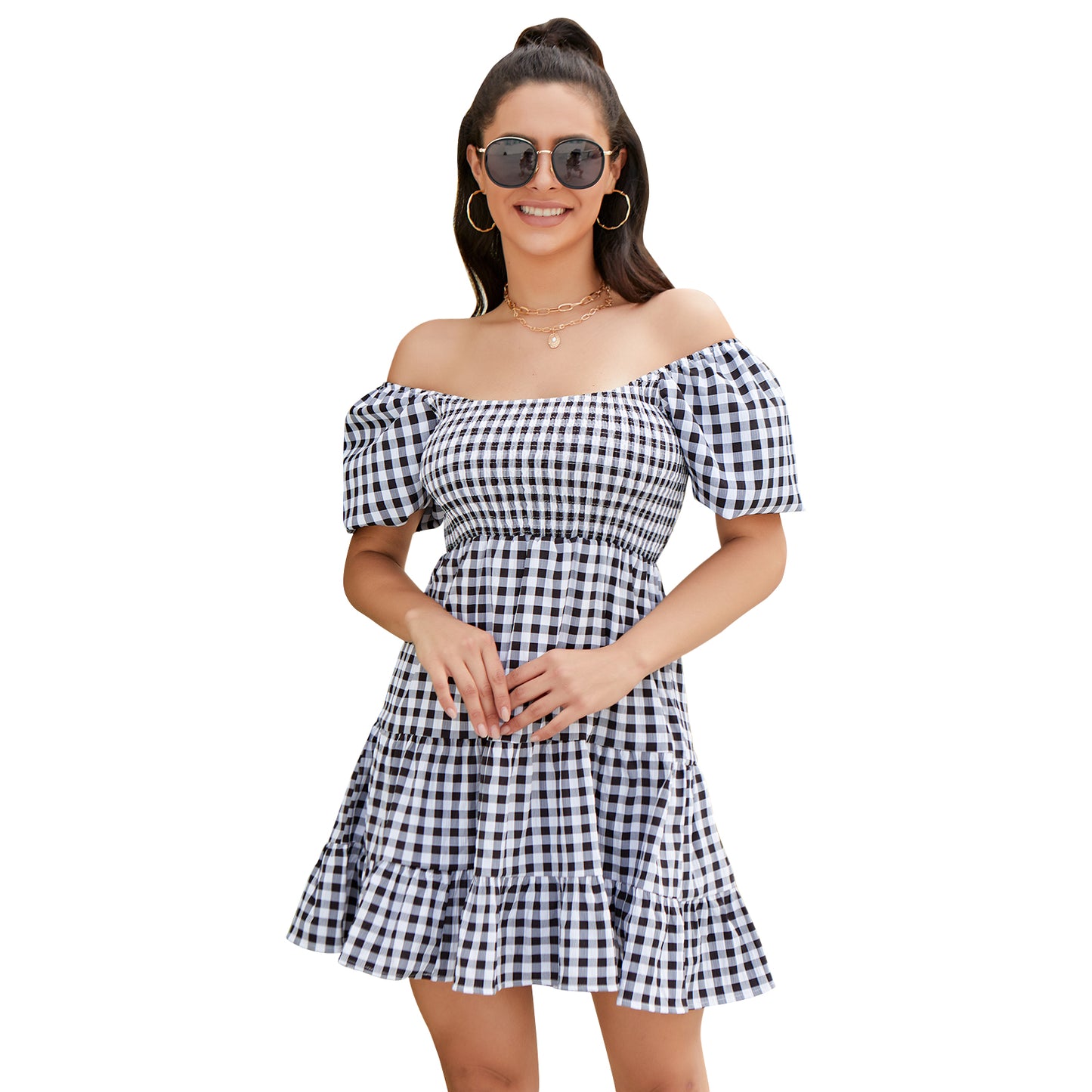 Exlura Women’s Off Shoulder Round Neck Dress Puff Short Sleeve Ruffle Plaid Tiered Swing Mini Dress Sundress