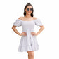 Exlura Women’s Off Shoulder Round Neck Dress Puff Short Sleeve Ruffle Plaid Tiered Swing Mini Dress Sundress
