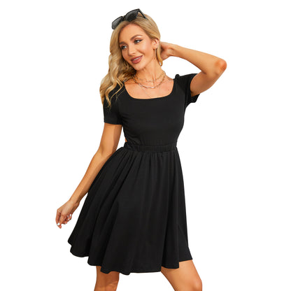Exlura Women’s Short Sleeve Square Neck Skater Dress Backless Knit Tie Back High Waist Flowy Mini Dress