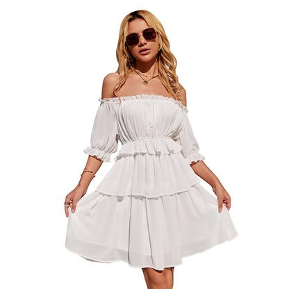 Exlura Women’s Off Shoulder Ruffle Short Dress Flowy Tiered Smocked 3/4 Puff Sleeve High Waist Casual Mini Dress