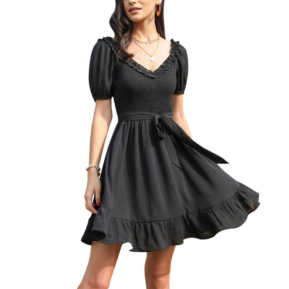 Exlura Women’s Sweetheart Neckline Ruffle Dress Smocked Belted Short Puff Sleeve Tie Waist Mini Dress Sundress