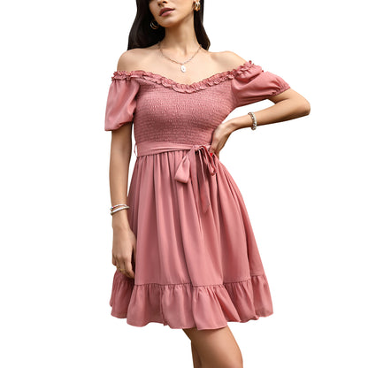 Exlura Women’s Sweetheart Neckline Ruffle Dress Smocked Belted Short Puff Sleeve Tie Waist Mini Dress Sundress