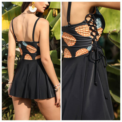 Byinns Women’s Two Piece Sleeveless Lace Up Swimsuit Swim Dress Strappy Printed Vintage Bathing Suit Tankini Red