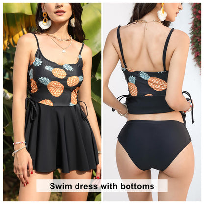 Byinns Women’s Two Piece Sleeveless Lace Up Swimsuit Swim Dress Strappy Printed Vintage Bathing Suit Tankini Red