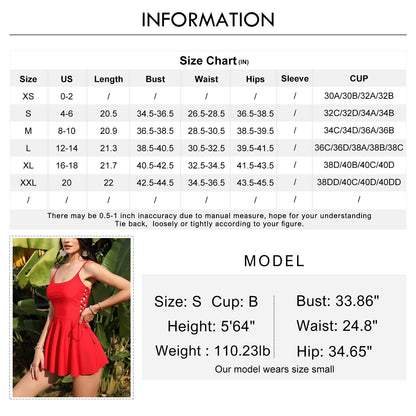 Byinns Women’s Two Piece Sleeveless Lace Up Swimsuit Swim Dress Strappy Printed Vintage Bathing Suit Tankini Red