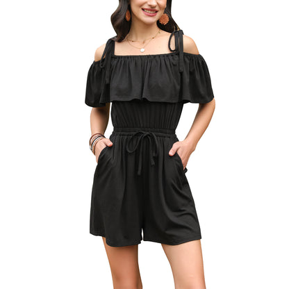 Exlura Women’s Sexy Sleeveless Short Jumpsuit Off Shoulder  Tie Waist Strappy Wide Leg Ruffle Romper Playsuit