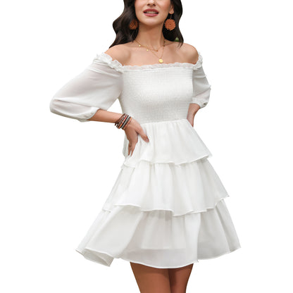 Exlura Women’s Off Shoulder Ruffle Dress Sundress Puff Sleeve Backless Tiered Smocked Tie Waist Flowy Mini Dress