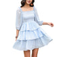 Exlura Women’s Off Shoulder Ruffle Dress Sundress Puff Sleeve Backless Tiered Smocked Tie Waist Flowy Mini Dress