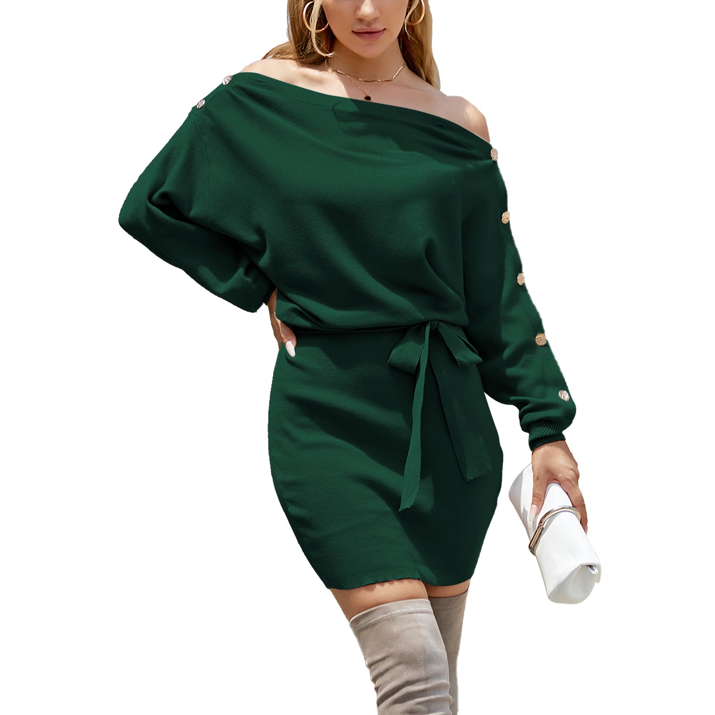 EXLURA Womens Off Shoulder Sweater Dresses Boat Neck Long Sleeve Knitted Tie Wasit Bowknot Pullover Mini Dress