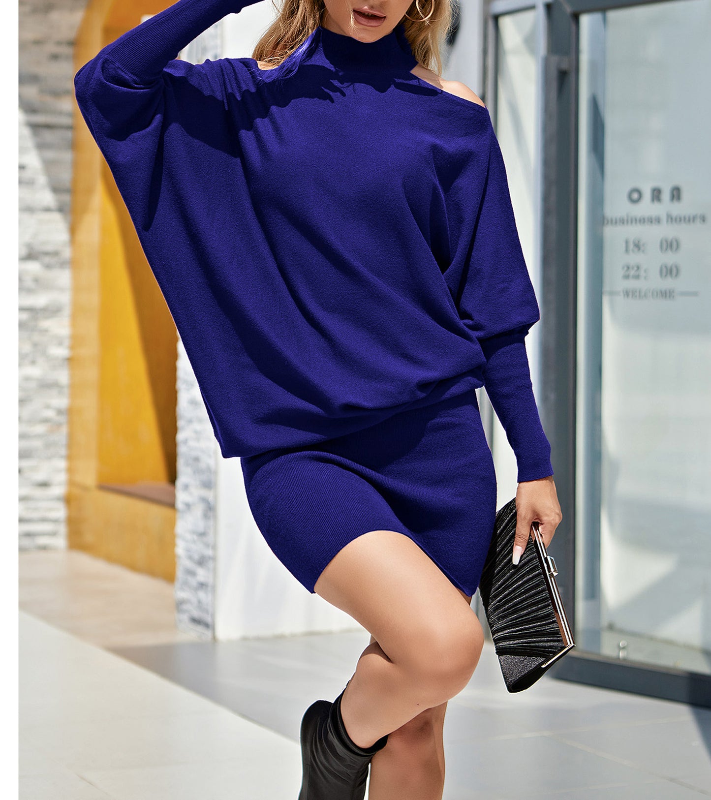 EXLURA Women's Cold Shoulder Knit Dress Mock Neck Batwing Sleeve Elegant Stretchy Mini Sweater Dress