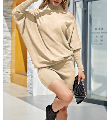 EXLURA Women's Cold Shoulder Knit Dress Mock Neck Batwing Sleeve Elegant Stretchy Mini Sweater Dress