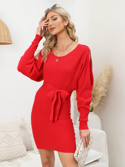 Byinns Women’s Belted Knit Bodycon Sweater Dress Long Sleeve Batwing Sheath Pullover Dress Sexy Cocktail Party Mini Dress