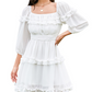 EXLURA Women's Short Mini Dress Square Neck A Line Long Sleeve Dress Tiered Ruffle Boho Wedding Guest Dress