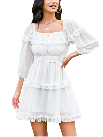 EXLURA Women's Short Mini Dress Square Neck A Line Long Sleeve Dress Tiered Ruffle Boho Wedding Guest Dress