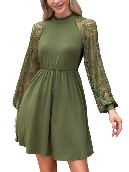 EXLURA Women’s Lace Tshirt Mini Dress Ruffle High Neck Long Puff Sleeve Swing Dress Flowy Wedding Guest Dresses