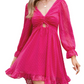 EXLURA Women’s Swiss Dot Flowy Mini Dress V Neck Long Puff Sleeve Tie Back Ruffle Dress Sexy Cottagecore Wedding Guest Dress