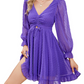 EXLURA Women’s Swiss Dot Flowy Mini Dress V Neck Long Puff Sleeve Tie Back Ruffle Dress Sexy Cottagecore Wedding Guest Dress