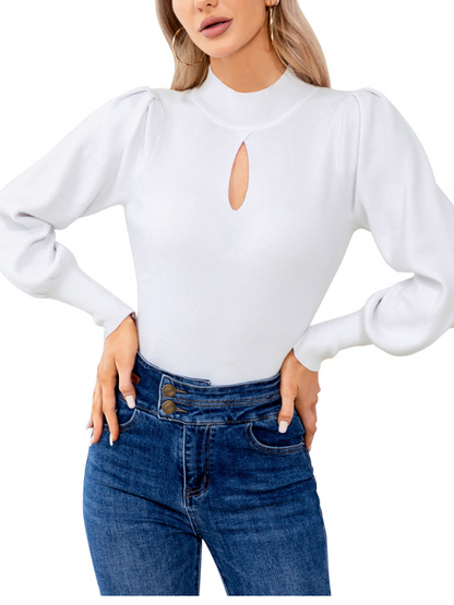 EXLURA Women’s Keyhole Mock Neck Pullover Sweater Slim Fitted Long Puff Sleeve Turtleneck Casual Trendy Tops Jumpers