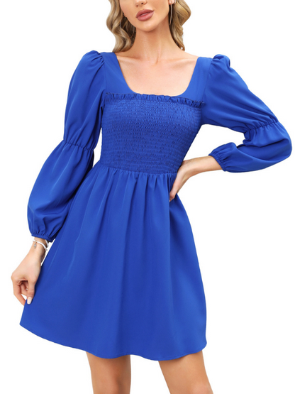 EXLURA Women’s Long Puff Sleeve Dress with Pockets Smocked Ruffle Square Neck Mini Dress Babydoll Vintage Cocktail Party Dress
