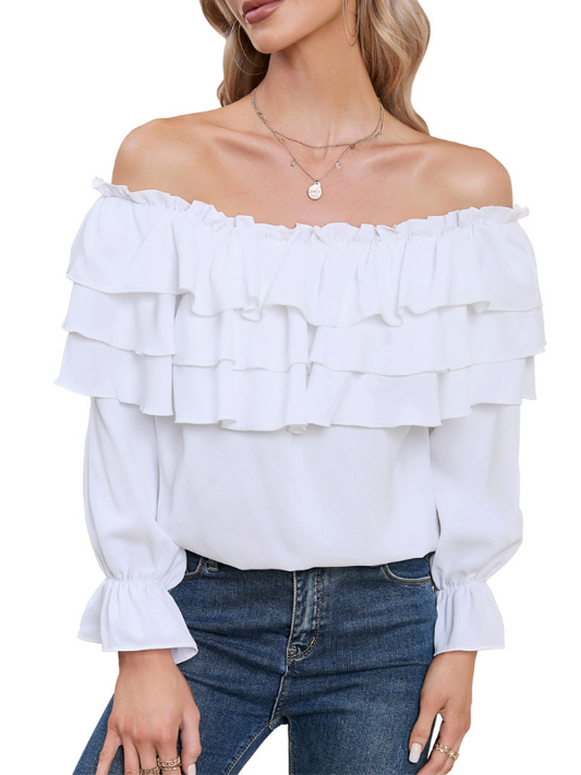 Byinns Women’s Off The Shoulder Layered Ruffle Tops Long Puff Sleeve Flowy Blouses Shirts Party Dressy Tops