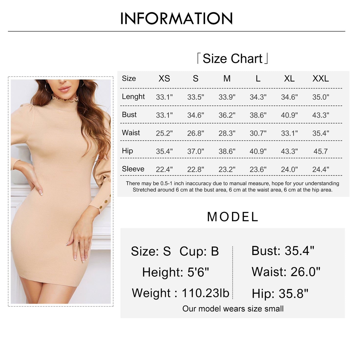 Byinns Women's Button Cuff Bodycon Pullover Sweater Dress Knit Turtleneck Long Puff Sleeve Ruffle Dress Sexy Mini Dress for Cocktail Party