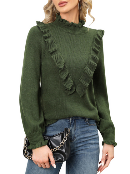 EXLURA Women s Ruffle Chunky Pullover Sweater Mock Turtleneck Long Puff Sleeve Jumpers Casual Trendy Tops