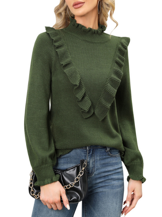 EXLURA Women's Ruffle Chunky Pullover Sweater Mock Turtleneck Long Puff Sleeve Jumpers Casual Trendy Tops
