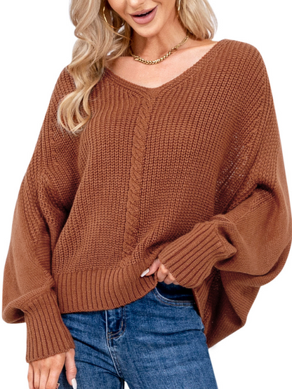 EXLURA Women's V Neck Oversized Sweater Batwing Long Sleeve Chunky Pullover Sweater Sexy Casual Trendy Tops