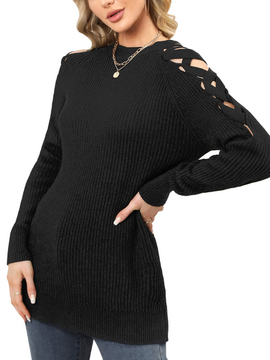 EXLURA Women’s Criss Cross Long Oversized Sweater Crew Neck Cold Shoulder Long Sleeve Pullover Sweater Knit Casual Trendy Tops