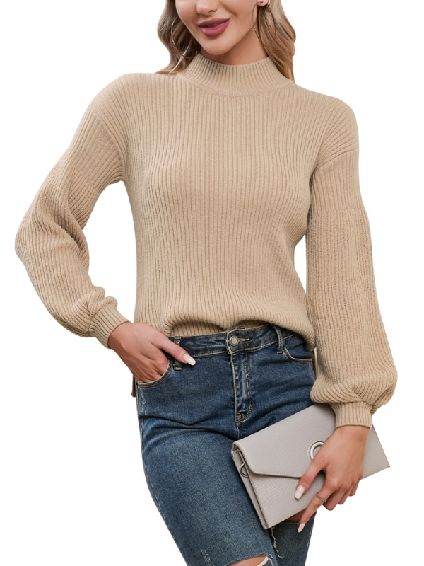 Byinns Women's Side Slit Chunky Pullover Sweater Turtleneck Long Puff Sleeve Knit Jumpers Casual Trendy Tops