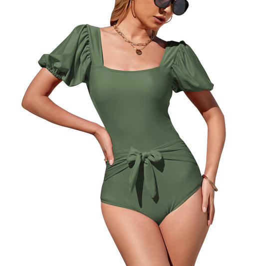 Exlura Women’s Tie Back One Piece Swimsuit Puff Short Sleeve Square Neck Swimwear High Cut Backless Bathing Suit