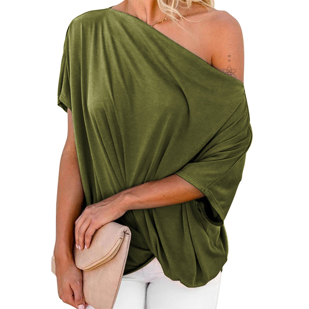 Off Shoulder Batwing Sleeve Ribbed Shirt Loose Tops
