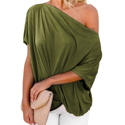 Off Shoulder Batwing Sleeve Ribbed Shirt Loose Tops