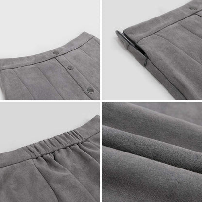 Exlura Womens Faux Suede High Waist Pleated Short Skirt Elastic Button Front Skater Mini Skirt
