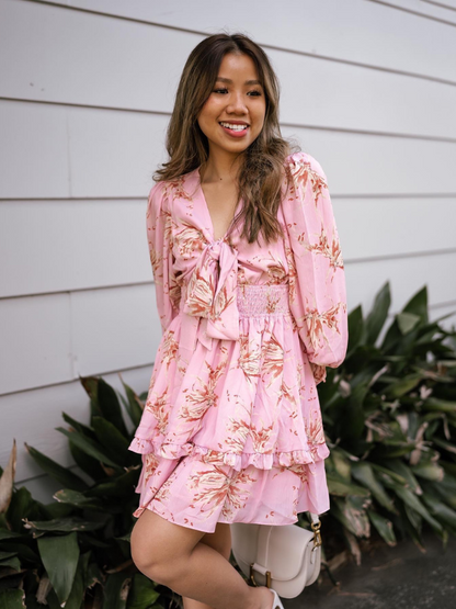 EXLURA Women Tie Front Elastic Waist Tiered Ruffle Layer Floral Balloon Long Sleeve V-Neck A-Line Mini Dress