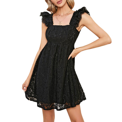 EXLURA Women’s Ruffle Strap Lace Mini Dress Square Neck Empire Waist Sundresses Vintage Elegant Wedding Guest Dress