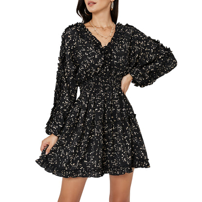 EXLURA Women’s V Neck Ruffle Floral Boho Mini Dress Backless Batwing Long Sleeve Dress Vintage Wedding Guest Dress
