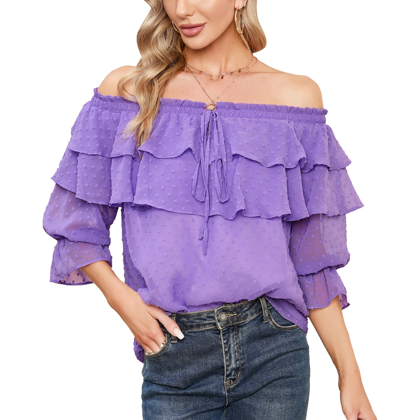 EXLURA Women’s Off The Shoulder Layered Ruffle Tops Swiss Dot Long Puff Sleeve Blouses Shirts Flowy Party Dressy Tops