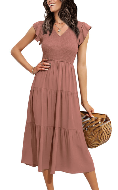 EXLURA Women's Summer Flowy Midi Dress - V Neck Smocked Ruffle Flutter Short Sleeve Boho Wedding Guest Dress