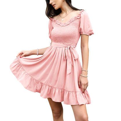 Exlura Women’s Sweetheart Neckline Ruffle Dress Smocked Belted Short Puff Sleeve Tie Waist Mini Dress Sundress