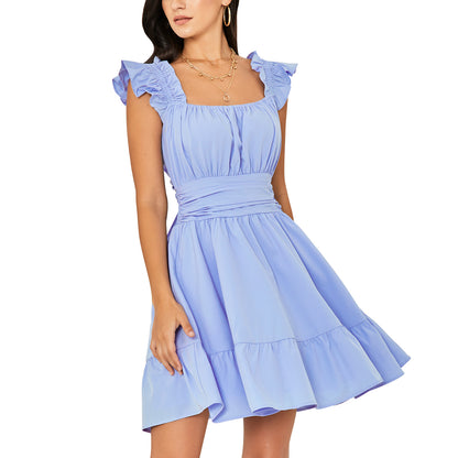 EXLURA Women's Square Neck Tie Back Ruffle Strappy Ruched Short Mini Dress Smocked Backless Tank Sleeveless Sundress Dress