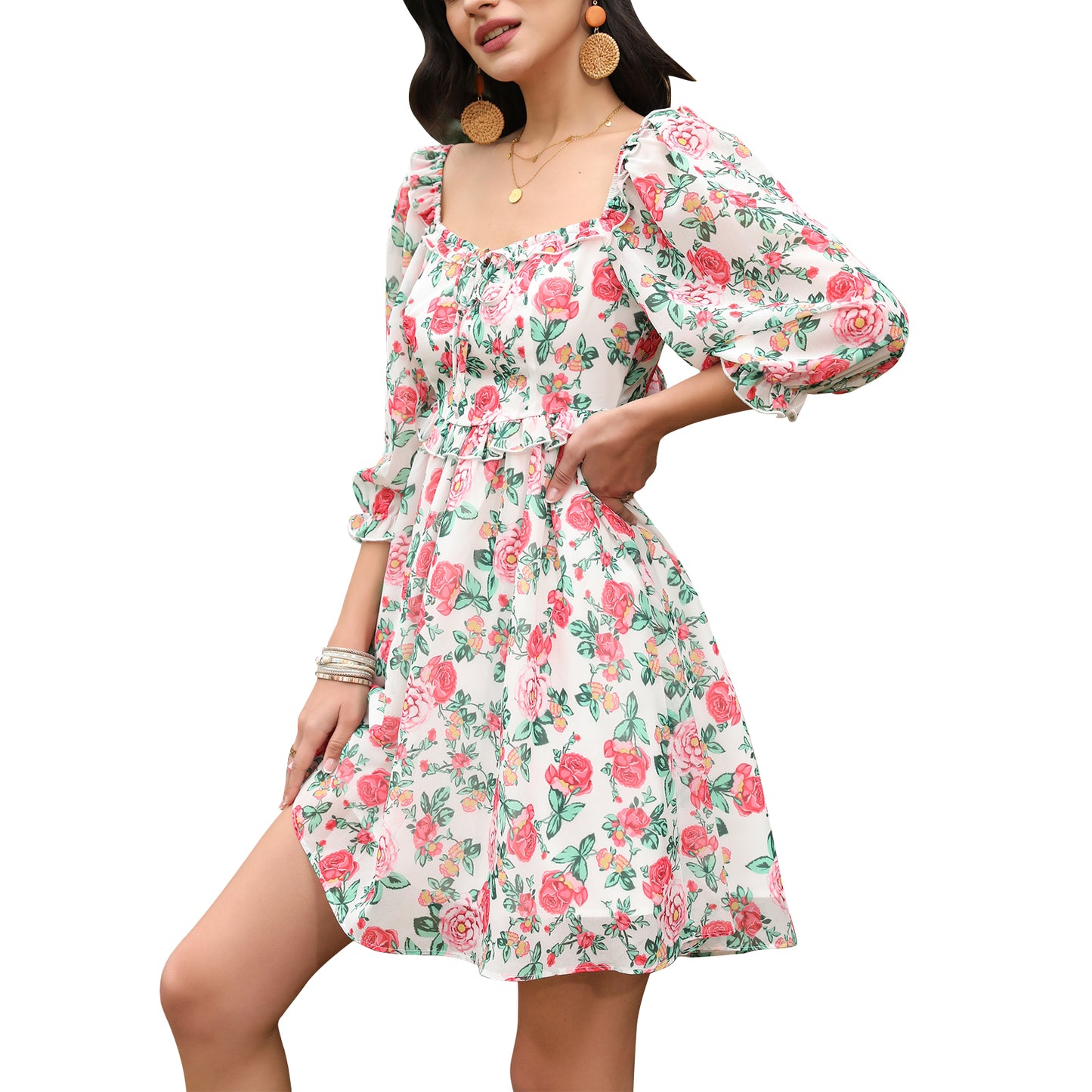 Exlura Women’s Off Shoulder Floral Ruffle Dress Sundress Tie Back Puff Sleeve Backless Square Neck Mini Summer Dress