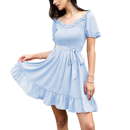 Exlura Women’s Sweetheart Neckline Ruffle Dress Smocked Belted Short Puff Sleeve Tie Waist Mini Dress Sundress