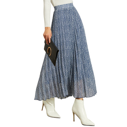 EXLURA Women's Floral Printed Chiffon Elastic High Waist Pleated Long Maxi Skirt