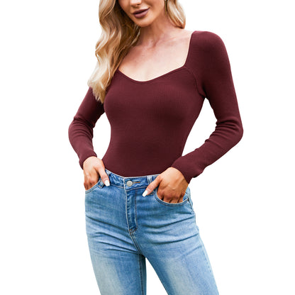 Exlura Women's Square Neck Ribbed Knitted Crop Sweater Long Sleeve Slim Fit Pullover Tops